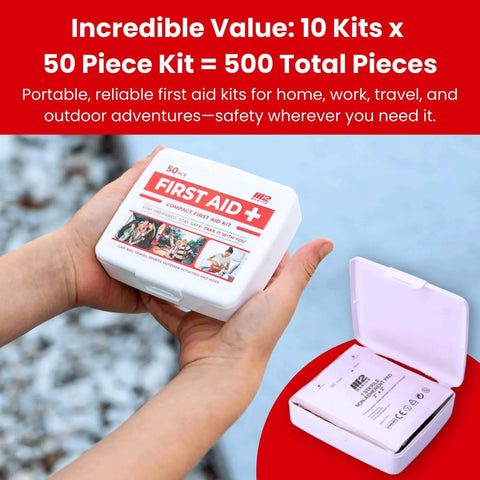 Must Have Bulk 10 Pack Mini First Aid Kit Value Bundle With 50 Essentials Per Kit And 500 Total Pieces For Car Travel Home And Donations Emergency Medical Supplies Kit held in hands