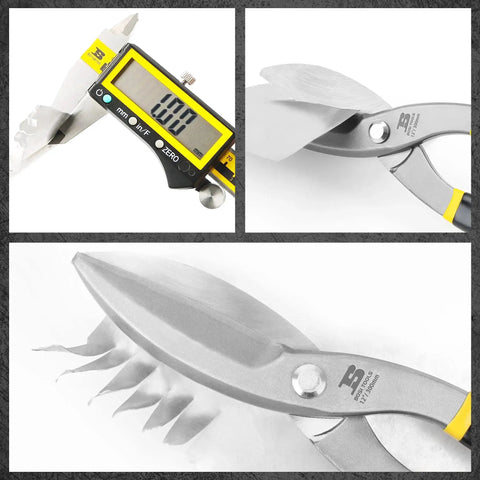 Heavy Duty Tin Snips 12 Inch Straight Cut Metal Shears with Drop Forged Carbon Steel Blade close-up views and measurement gauge