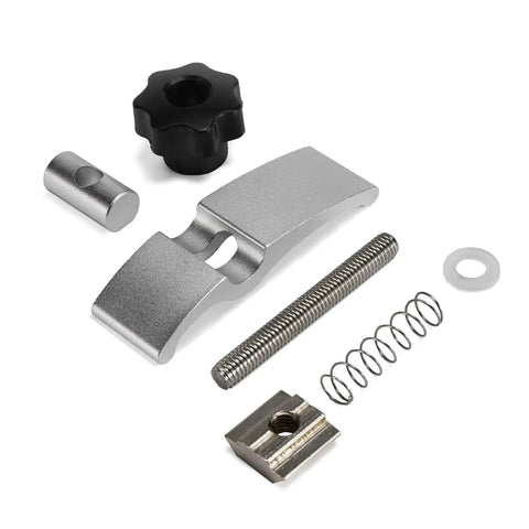 Components of 2 pack mini T track hold down clamps for CNC routers; includes aluminum parts, spring, and screw, for 3018 series machines.