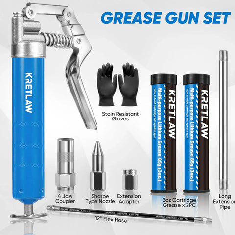Mini Grease Gun Kit 3000 PSI with Double 3oz Cartridges and 12 Inch Flex Hose, Pro Grade Reinforced Coupler, Accessories, Gloves