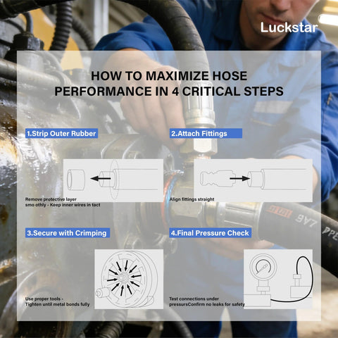 Hydraulic hose with fittings by Luckstar; 10 ft, 1/4 in steel-braided, 4-step installation infographic.