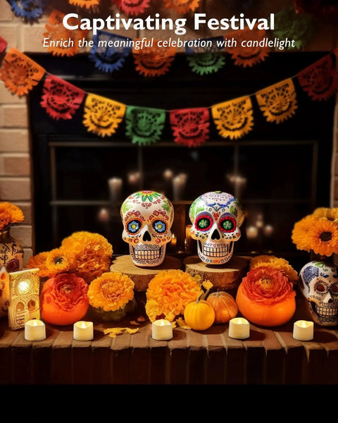 Flickering LED Tea Lights 24Pcs Battery Operated For Votive Centerpieces with decorated skulls and autumn flowers on a mantle.