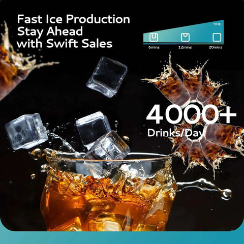 Heavy-Duty Industrial Ice Maker Machine With 450 Lbs Per 24 Hours Output And 250 Lbs Storage Bin ETL Certified Stainless Steel Clear Ice Maker For Bar Cafe Restaurant promoting fast ice production with a glass of iced drink.