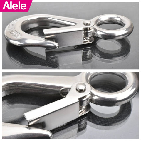 Close-up of Alele 304 Stainless Steel Grab And Slip Hook Rigging Accessory With Spring Loaded Latch, heavy-duty lifting hook.