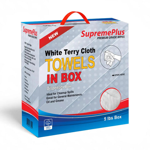 Premium White Terry Cloth Rags For Spills And Cleanup In The Garage Shop And Home Go To Multipurpose Cleaning Towels box image.