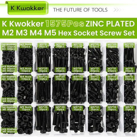 Nut And Bolt Kit With 1570Pcs M2 To M5 Hex Socket Head Screws, Nuts, Washers And Lock Washers, Zinc Plated Alloy Steel Fasteners