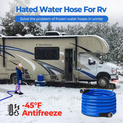 HOHOMETIC heated RV water hose, blue coil with fittings, snow beside camper