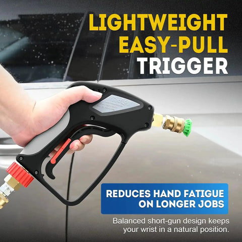 Person holding Beast Mode 5000 PSI Pressure Washer Gun With 360 Swivel Inlet Ergonomic Short Spray Gun With Nozzle Tips
