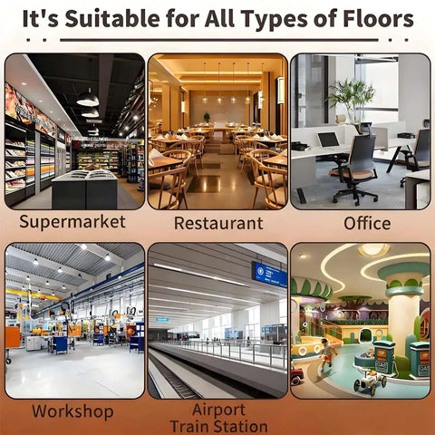 Image showing different locations, like supermarket, restaurant, office, workshop, airport train station, suitable for cleaning.