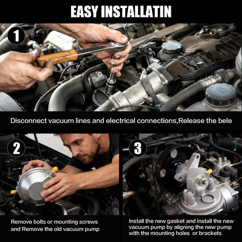 Amazon DWLDMLWC 904-862 vacuum pump with pulley being installed in engine bay; metal unit.
