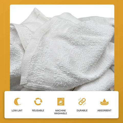 White Terry Cloth Cleaning Rags 12x12 Inches, 5 Lb Bulk Box, 100 Percent Cotton Towels, displayed in a close-up view