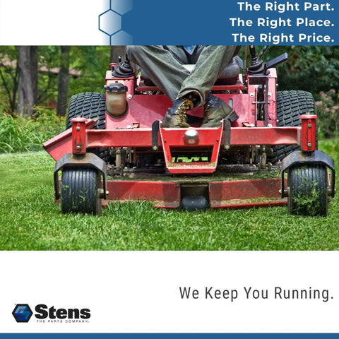 Lawn mower cutting grass with a person sitting on it, showcasing rugged outdoor use, advertised by Stens as durable equipment.