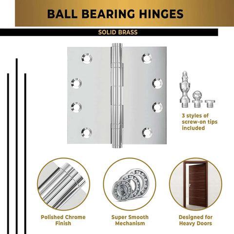 Solid Brass Chrome Door Hinge Heavy Duty Ball Bearing For Slammin Doors 4.5 By 4.5 Inch With Decorative Screw On Tips Included