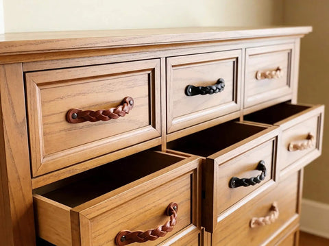 Braided Black Leather Drawer Pulls Set Four Pack Six And A Half Inch Length Leather Handles For Cabinets Dressers And Nightstands