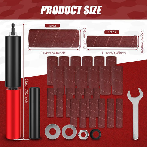 Front view of FALESOUL spindle sander kit for drill with rubber sanding drums and sleeves.