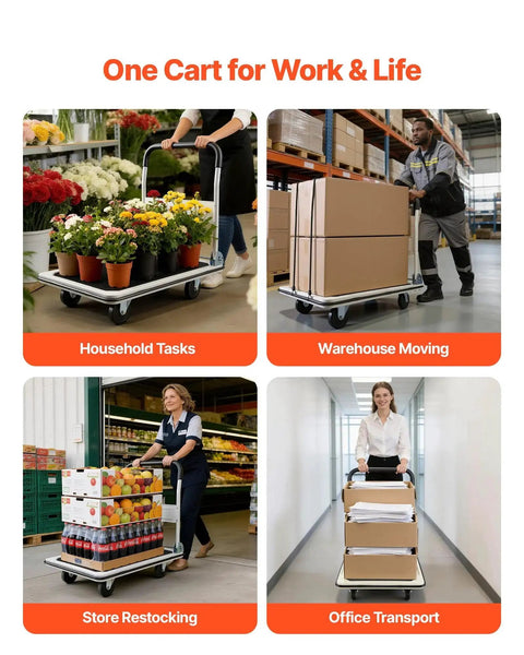 Foldable Push Cart Dolly With 660 Pound Capacity And Swivel Wheels used for household, warehouse, store, and office tasks.