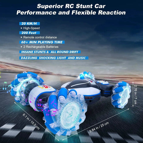 Gesture Sensing RC Stunt Car For Kids And Teens, 360 Degree Spin, Off Road Drifting, LED lights, shown in action on a track