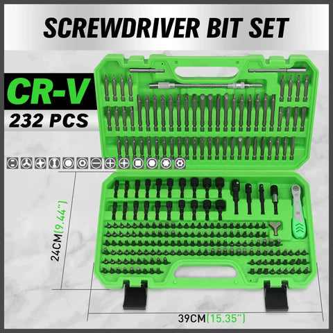 232-Piece Ultimate Screwdriver Bit Set For Impact Drivers And Wrenches With Cr-V Steel, Magnetic Security Bits in green case