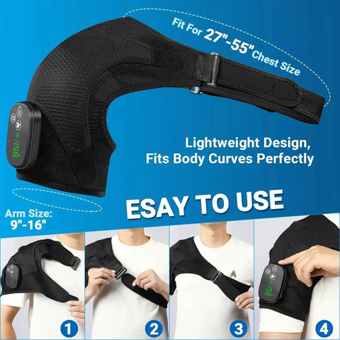 Cordless Shoulder Heating Pad With Massager showing fit on different chest and arm sizes, lightweight design, easy to use.