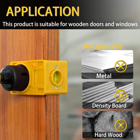 Door Lock Installation Kit For Wooden Doors One And Three Eighths Inch To One And Three Quarters Inch Hole Saw Set With Guide Template Jig And Pilot Bits for precise hole drilling, showing application on wooden doors, not suitable for metal, density board, or hardwood.