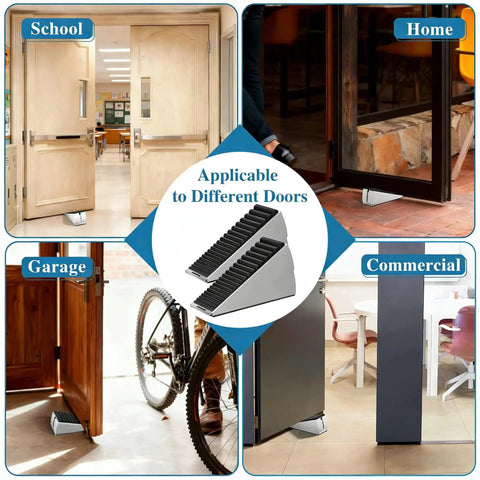 Two Pack Heavy Duty Door Stopper With Spring Loaded Adjustable Height Up To Three Inches Tall Wedge For Bottom Of Door in various settings.