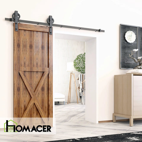 Black Rustic Non-Bypass Sliding Barn Door Hardware Kit For One Door With 6.6 Ft Flat Track And Spoke Wheel Roller installed