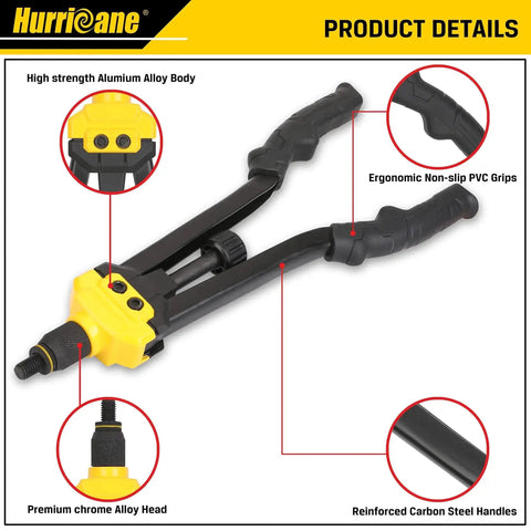 16 Inch Rivet Nut Tool Kit With Auto Release Nutsert 13 Mandrels And 130 Threaded Rivet Nuts Durable Hand Riveter Set In Sturdy Plastic Case SAE And Metric Sizes For Quick Dependable Pro Grade Nutsert Assembly showing ergonomic grips and alloy head.