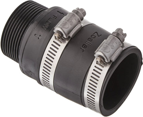 Zoeller inline check valve, small black plastic pipe fitting with two stainless steel hose clamps