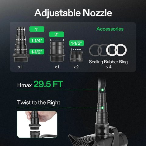 VIVOSUN 528 GPH submersible pond pump with adjustable nozzle, black body and hose adapters; max head 29.5 ft.