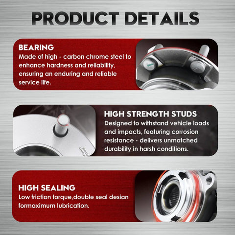Product details of Two Pack Beefy Front Wheel Bearing Hub Assembly 513296, highlighting bearing, high strength studs, and sealing features.