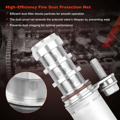 Close-up of Intake And Exhaust Camshaft Position Actuator VVT Solenoid Kit with high-efficiency dust protection net for GM engines