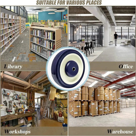 5 Inch Polyurethane Shopping Cart Wheels Four Pack With Stepped And Full Tread Face And Double Ball Bearing Heavy Duty 1400 Lb Capacity Replacement Carts For Grocery Stores And Restaurants Smooth Rolling Durable Construction shown in various environments such as library, office, workshop, and warehouse.