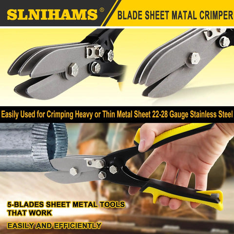 Five Blade Hand Crimper For Sheet Metal Ductwork And Stove Pipe Built Tough For 24 To 28 Gauge Ducts Downspouts And Gutter End Caps Ten Point Five Inch Crimping Tool Ideal For HVAC Projects, showing close-up of crimping blades and handle in use.