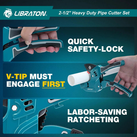Heavy Duty Ratcheting PVC Pipe Cutter For PEX PVC And PPR Hoses Up To Two And One Half Inches With Deburring Tool And Replaceable Blade