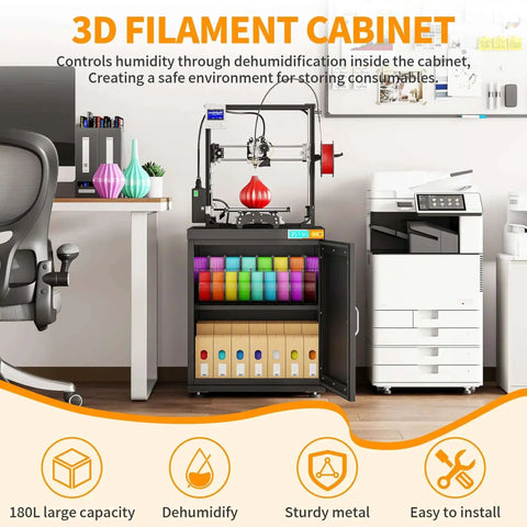 Dehumidifying 3D Printer Cabinet With 180L Storage For Up To 40 Filament Rolls shown in office setting