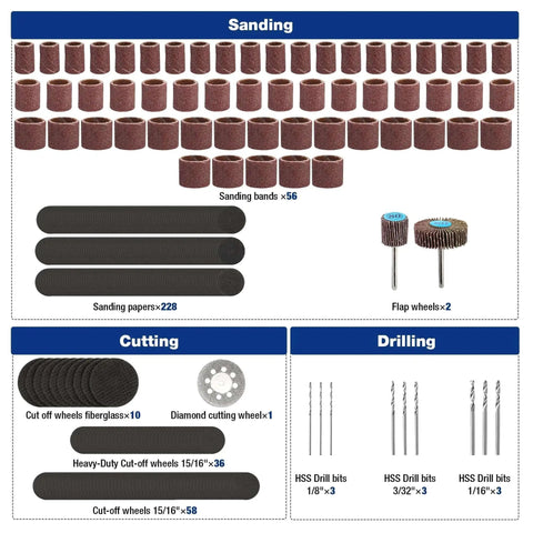All Purpose Rotary Tool Accessories Kit With 476 Pieces For Cutting Sanding Grinding Carving Polishing Drilling Engraving Includes Sanding Papers And Bands Flap Wheels Cut Off Wheels Diamond Wheel Brushes And More Pro Grade WORKPRO - sanding papers, bands, flap wheels, cut off wheels, diamond wheel, drill bits