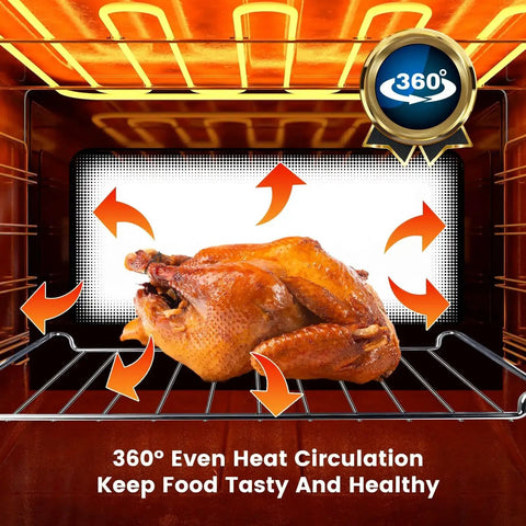 Roasted chicken on Heavy Duty No Fuss Stainless Steel Air Fryer Rack For TOA 60 65 70 in oven, 360-degree heat arrows shown