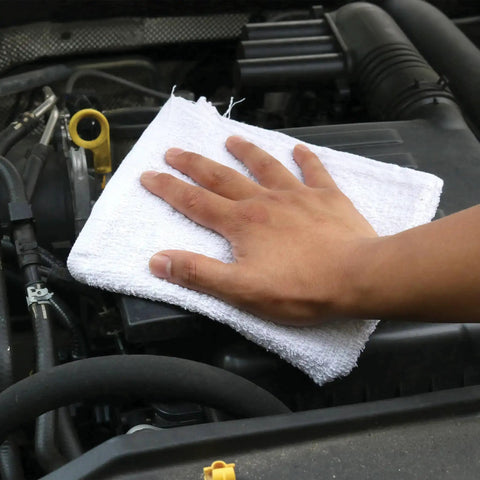 Hand cleaning car engine with Heavy Duty 100 Percent Cotton Terry Cloth Rags Bulk Pack Of 7500, Absorbent Cleaning Towels, White.