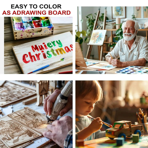 Collage of activities using Forty Pack 12x12 Inch Basswood Sheets 3mm Unfinished Wood For Crafts Diy Ornaments Laser Cutting Model Engraving Architectural Models Drawing And Wood Burning