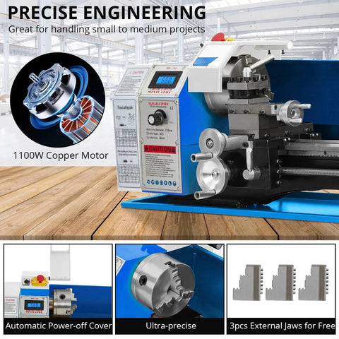Beefy 9 By 30 Inch Metal Lathe With 1100W Motor And 2500 RPM Mini Lathe, includes 5 Inch 3 Jaw Chuck, shown with control panel and components.