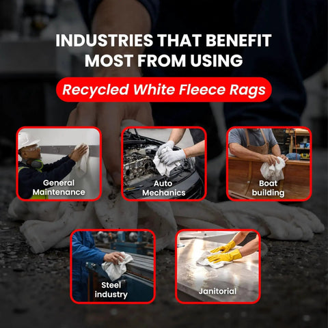 Industries using Ultra Soft Recycled White Fleece Rags 25 Lb Box For Oil Grease Dust And General Cleanup Heavy Duty Absorbent Wiping Cloths