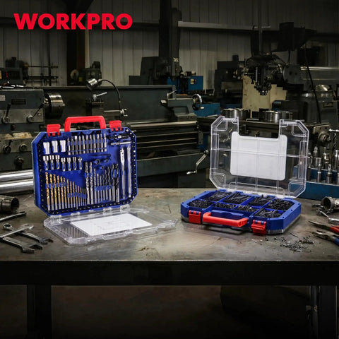 All In One 455 Piece Drill Bit And Screwdriver Bit Set With Titanium Twist Bits And Double Sided Storage Case For Wood Metal Plastic Concrete And Masonry By WorkPro visible in open and closed cases on workbench.