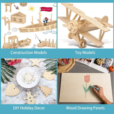 Wooden construction and toy models, DIY holiday decor, wood drawing panels for crafts.
