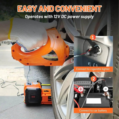 Electric Car Jack Kit 5 Ton Hydraulic Lift With 12V Power, Lifting Range 6.1 to 17.7 Inches, being connected to car battery