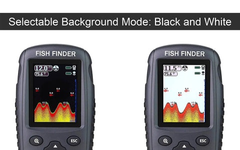 Portable Wireless Fish Finder with Rechargeable Battery, Castable Transducer, black and white display modes shown