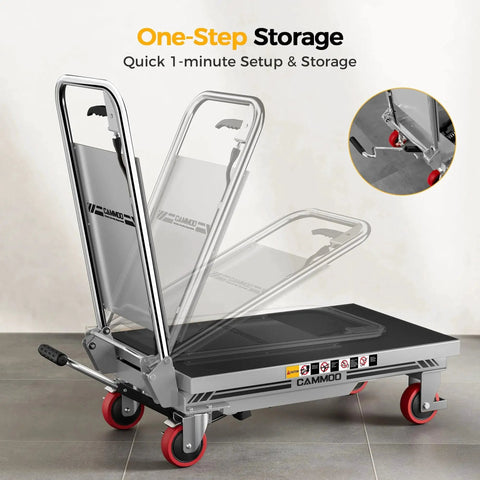 Hydraulic Lift Table Cart 500 Lb 28.5 Inch Lift Foldable Handle Safety Guard in folded position