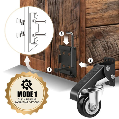 Heavy Duty Workbench Casters Kit 900 Lbs Quick Release With Two Mounting Options, retractable caster installation on wooden workbench.