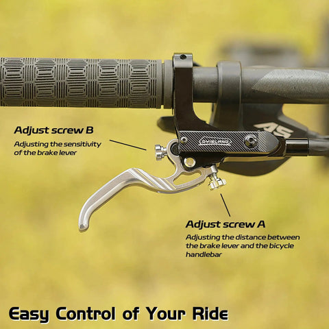 DYISLAND SD-230X MTB hydraulic brake lever set on black aluminum handlebar, two-finger lever, left-side close-up