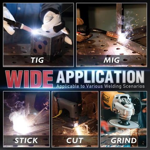 Collage showing TIG, MIG, STICK, CUT, and GRIND applications for welding with Auto Darkening Welding Helmet With Side View And 180 Degree Panoramic Vision, True Color Solar Powered Welder Hood With Blue Light Blocking Lens, Wide Shade From Three To Five And Nine To Thirteen, Suitable For TIG MIG ARC CUT And GRIND, Model LYG Q800D.