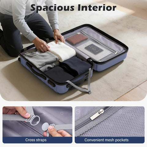 Open Three Piece Hard Shell Luggage Set With Spinner Wheels And Expandable Large 28 Inch Suitcase Showing Interior Compartments